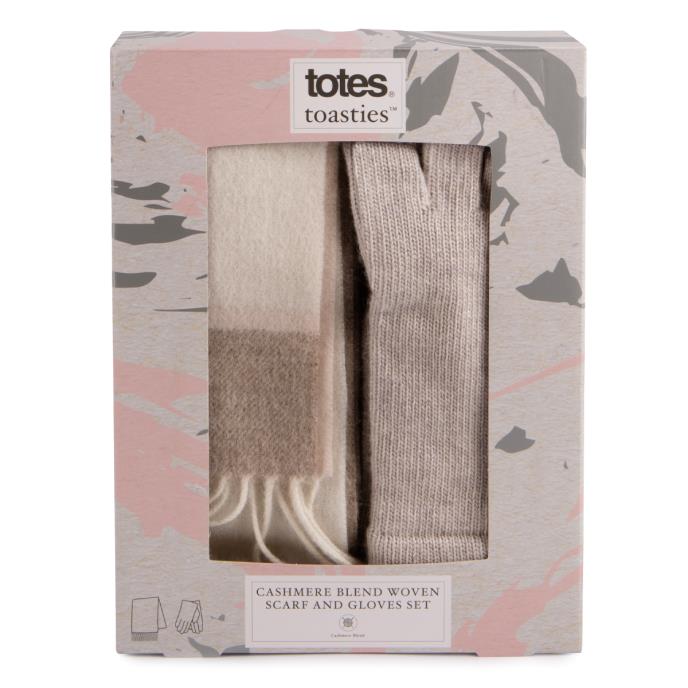 totes toasties® Ladies Cashmere Blend Woven Scarf and Glove Gift Set Oat Extra Image 3
